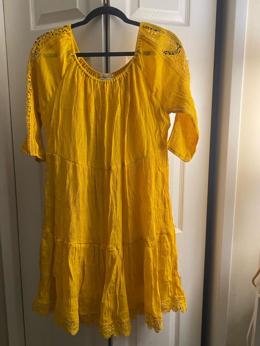 Bright Yellow Lace-Trim Casual Girls' Dress